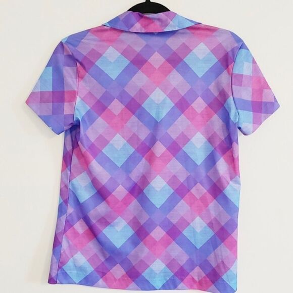 Vintage 70s Argyle Plaid Short Sleeve Blouse Medium Magenta, Bubblegum Pink - Picture 4 of 15